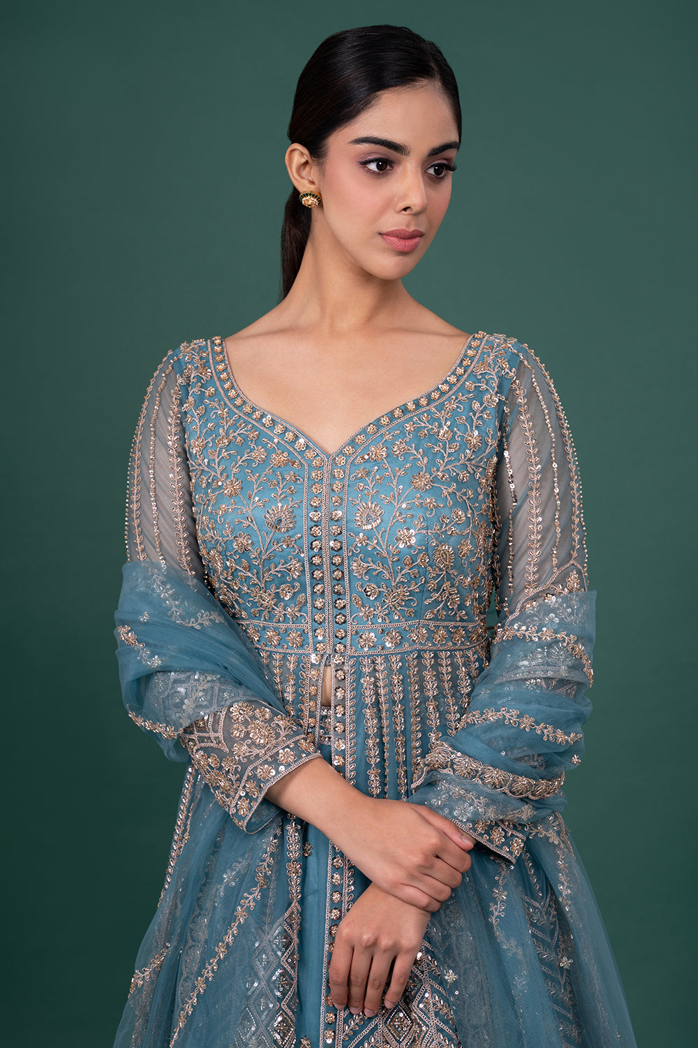 Teal Blue Floor-Length Embroidered Open Jacket with Lehenga