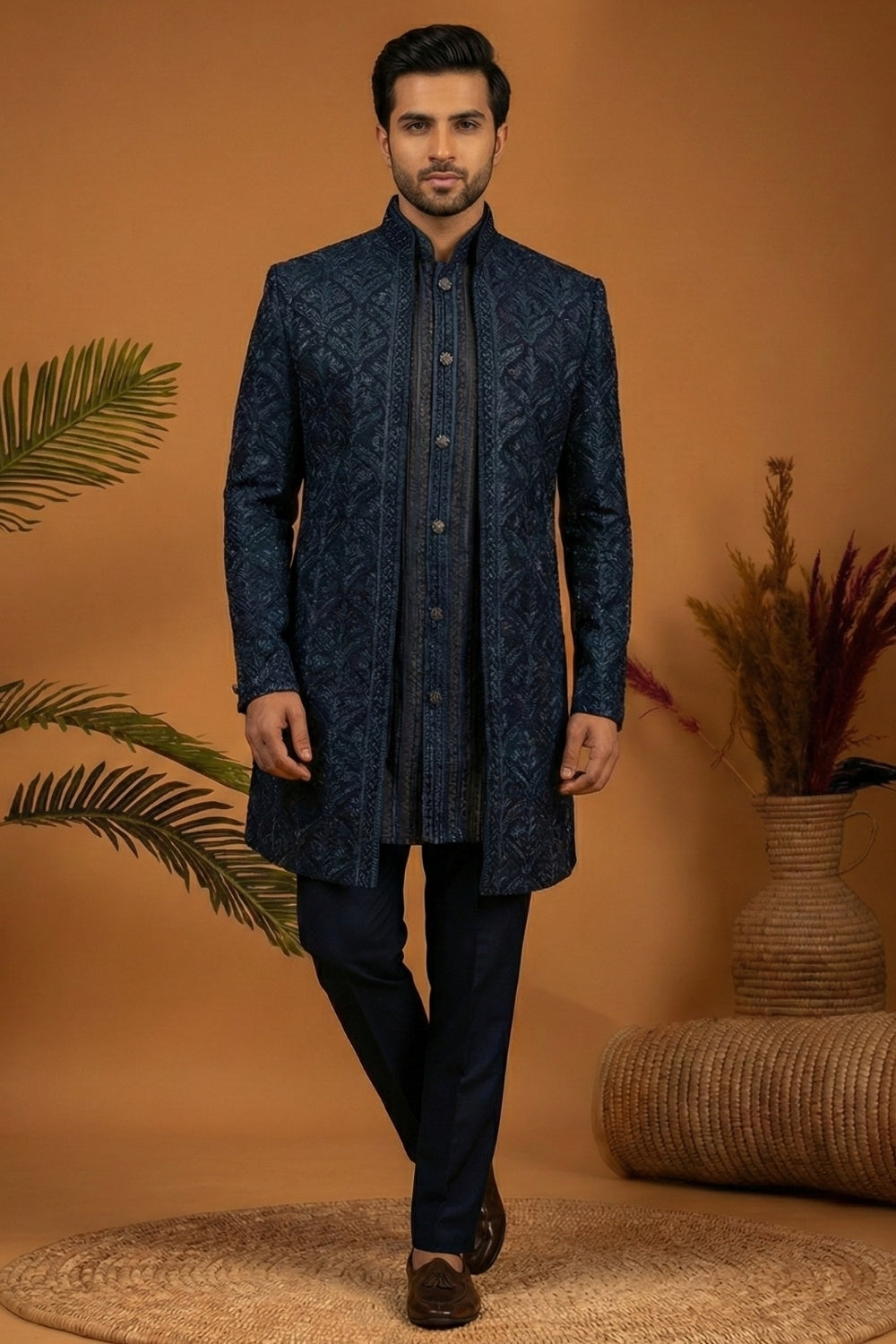 Teal Blue Georgette Indo Western with Embroidery and Sequins Work