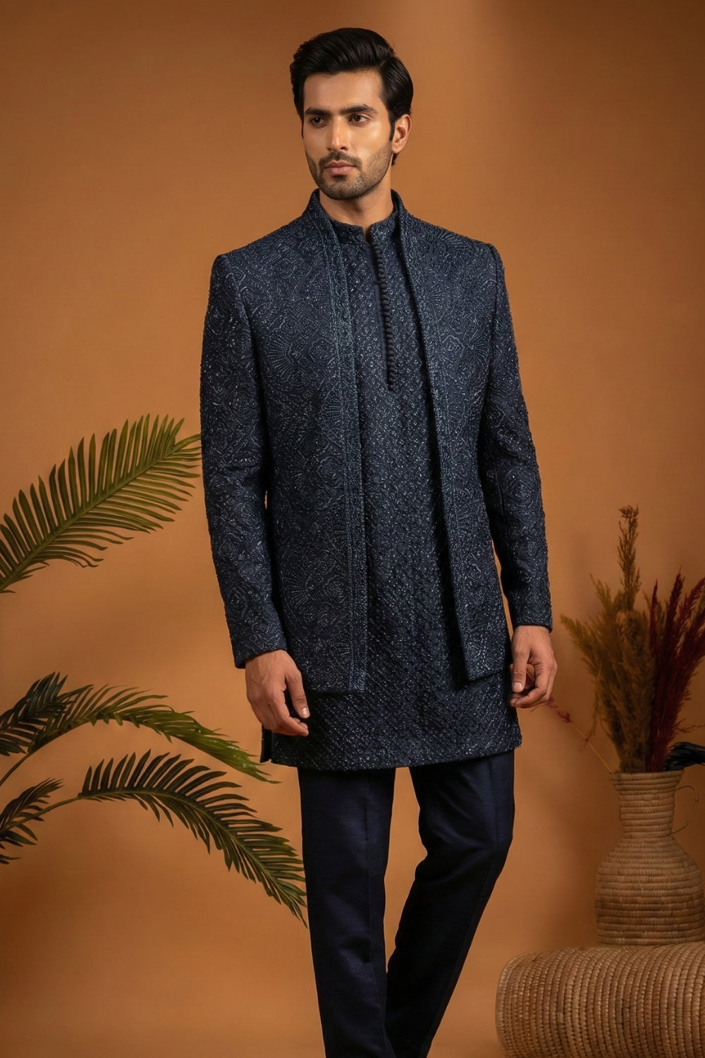 Teal Blue Imported Indo Western Set with Embroidery and Sequins Work