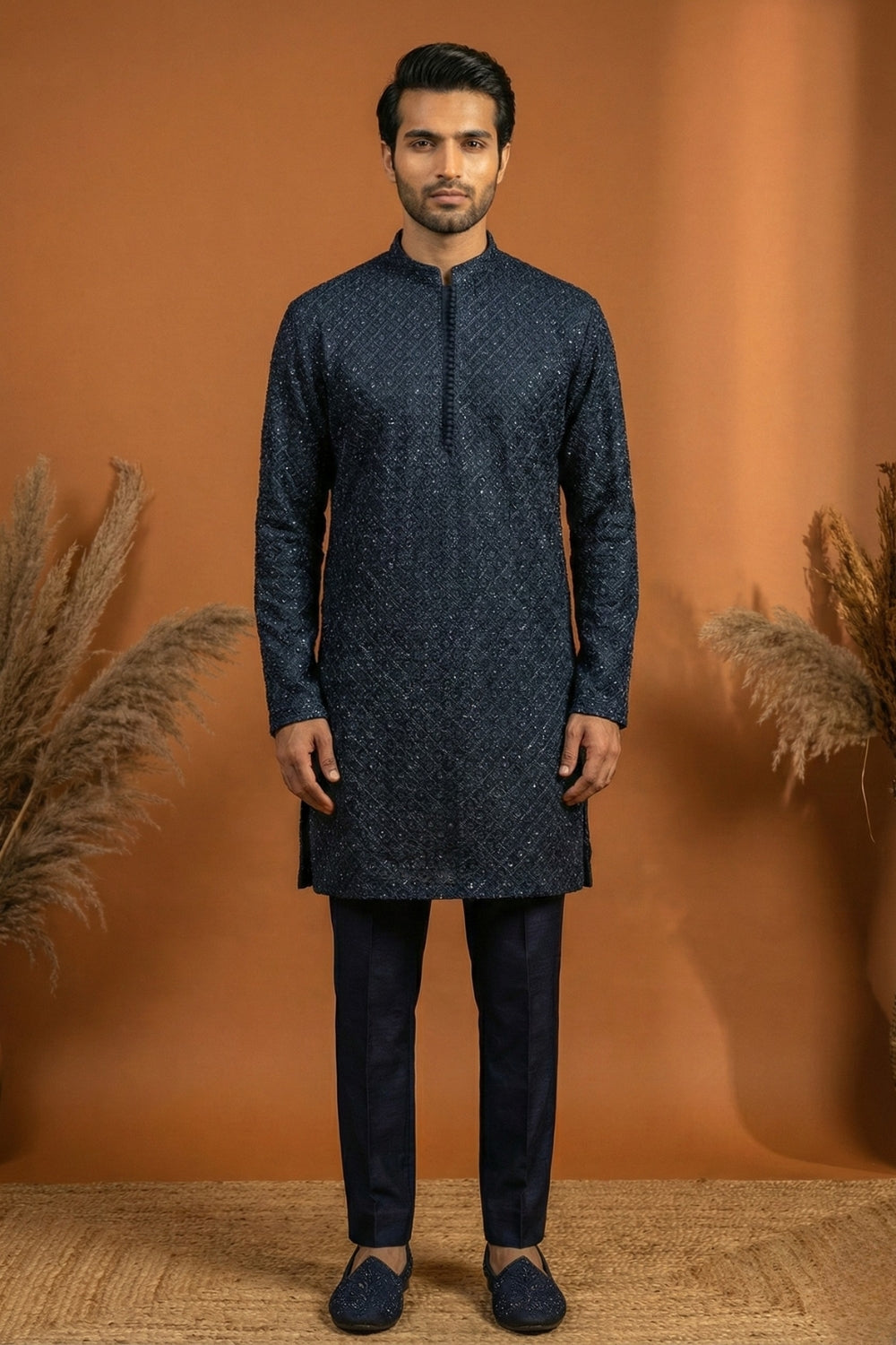 Teal Blue Imported Indo Western Set with Embroidery and Sequins Work