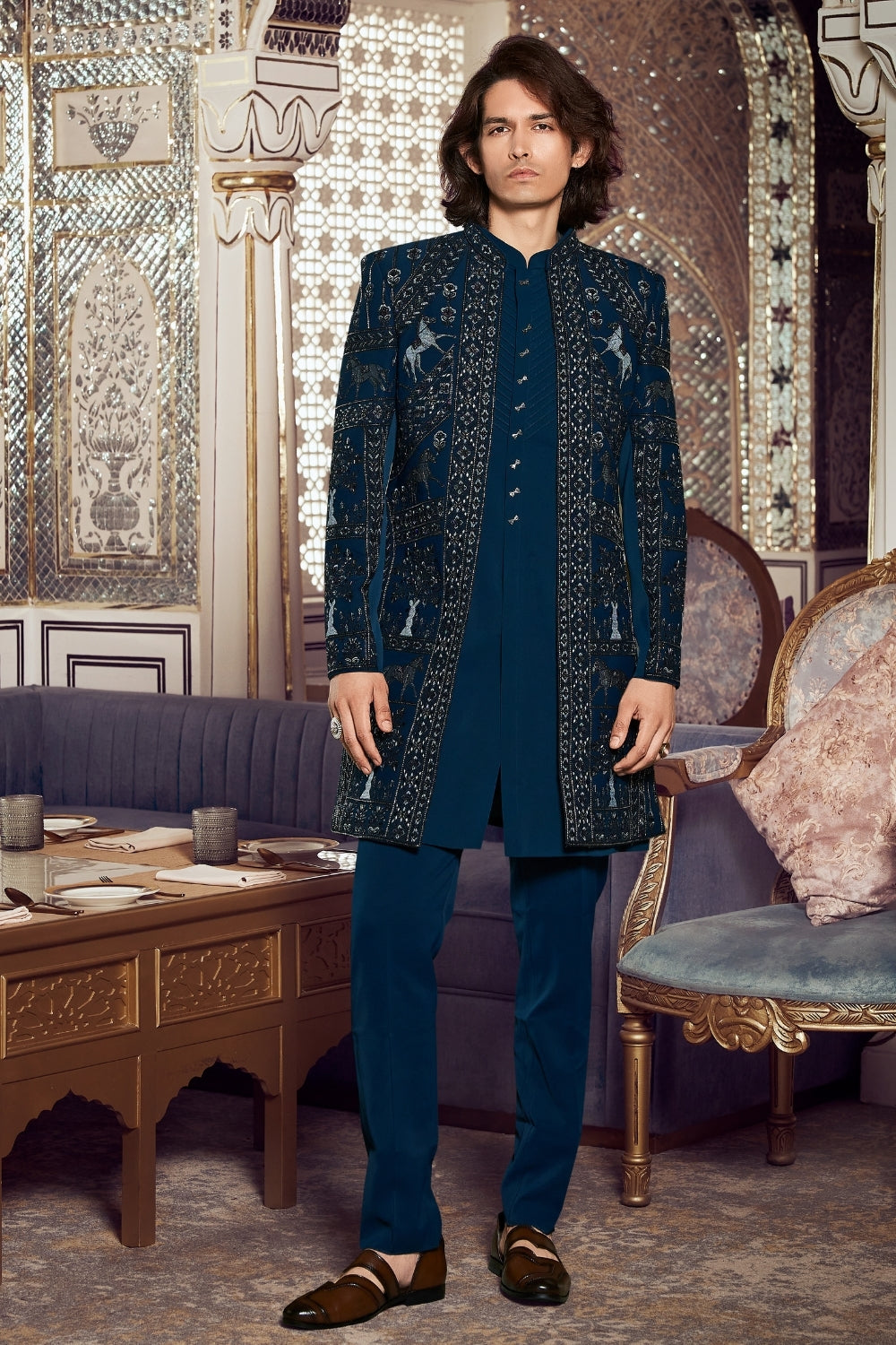 Teal Blue Imported Indo Western with Cutdana and Sequins Work