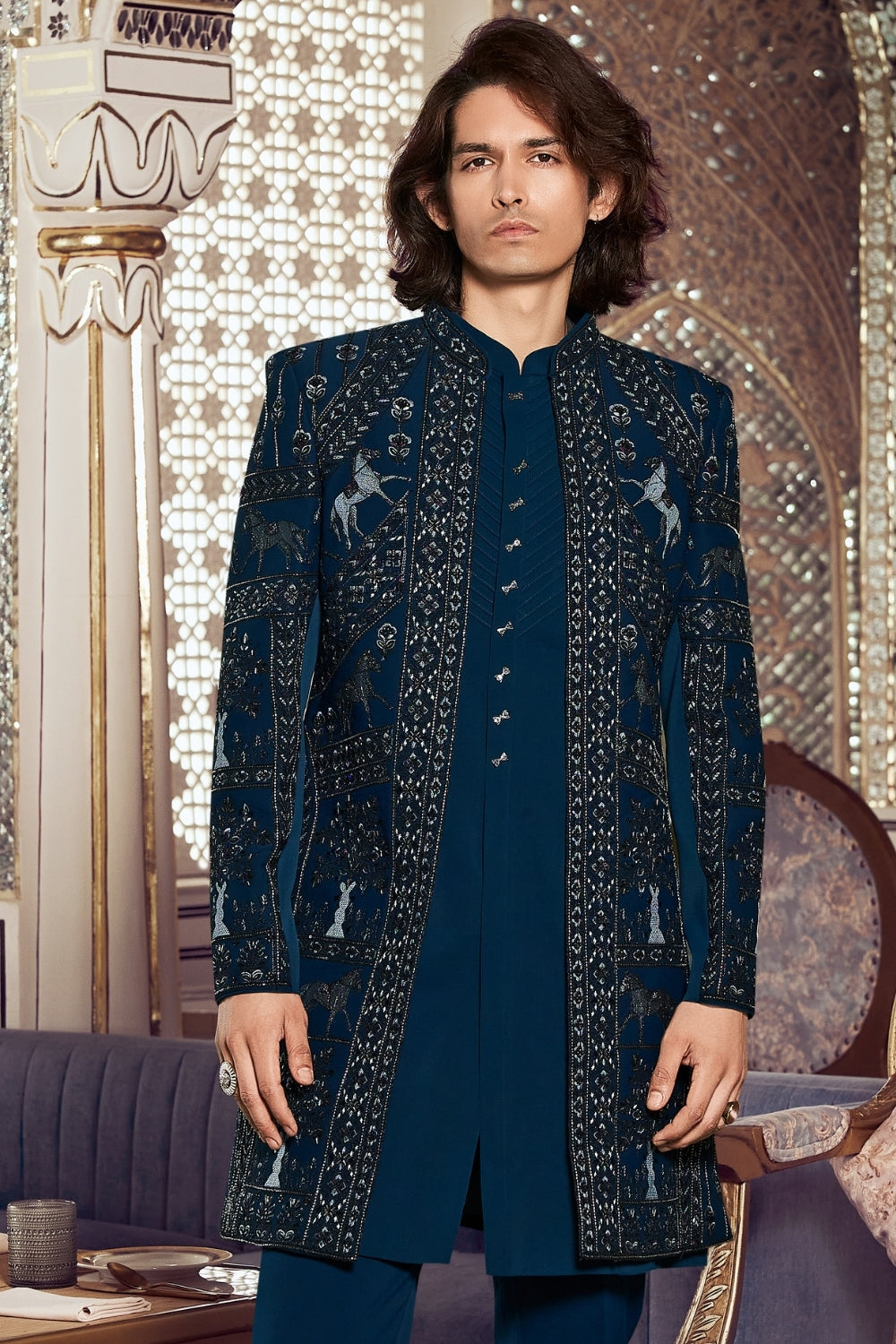 Teal Blue Imported Indo Western with Cutdana and Sequins Work