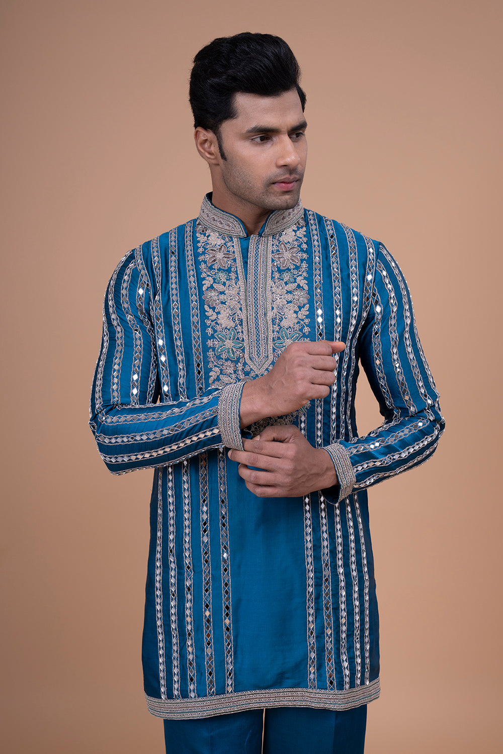 Silk Kurta with Vertical Mirror-Work Strips and Embroidered Yoke