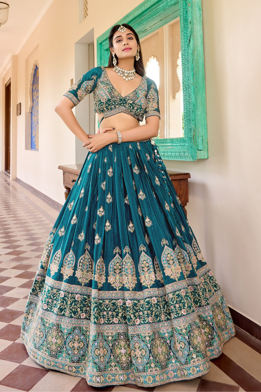 Teal Blue Silk Lehenga Set with Cutdana and Sequins Work