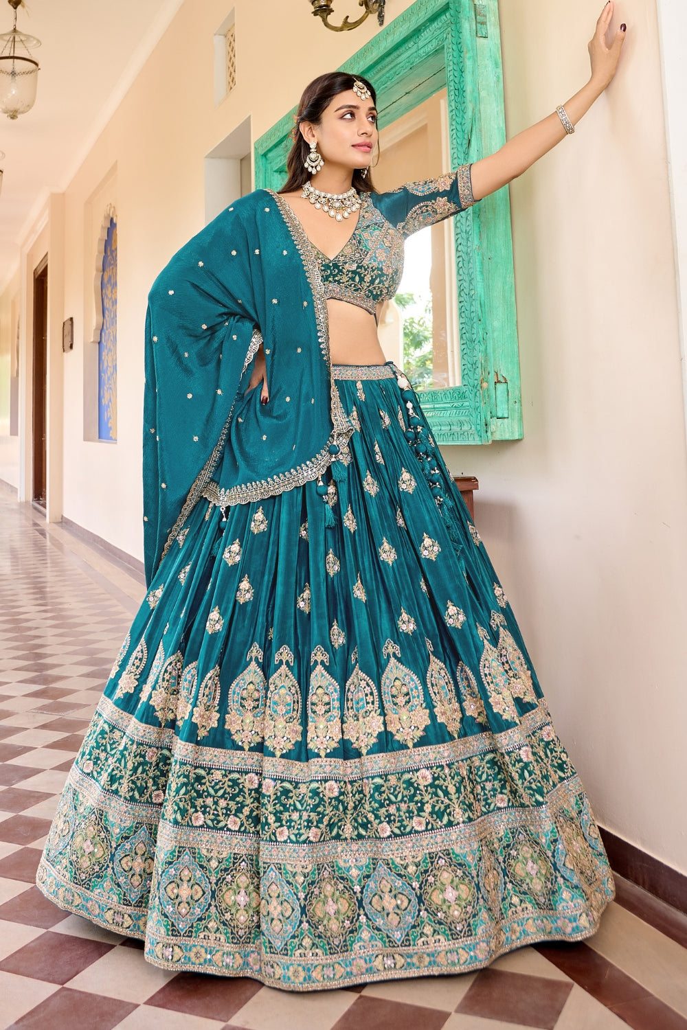 Teal Blue Silk Lehenga Set with Cutdana and Sequins Work