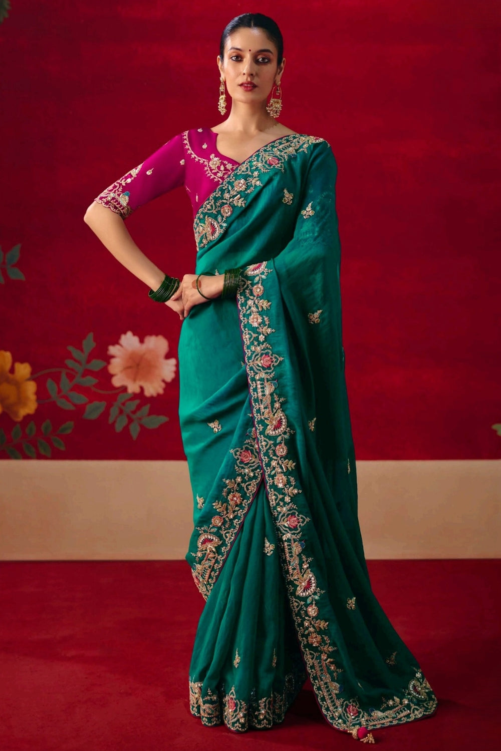 Teal Blue Silk Saree with Resham Embroidery and Stone Work
