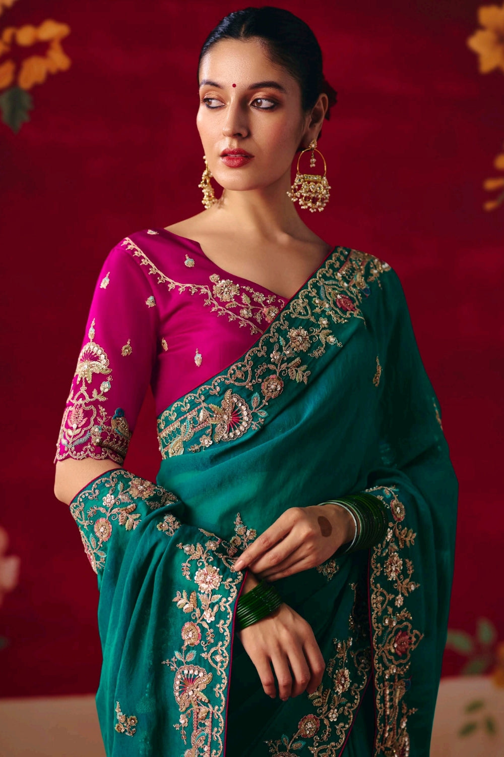 Teal Blue Silk Saree with Resham Embroidery and Stone Work