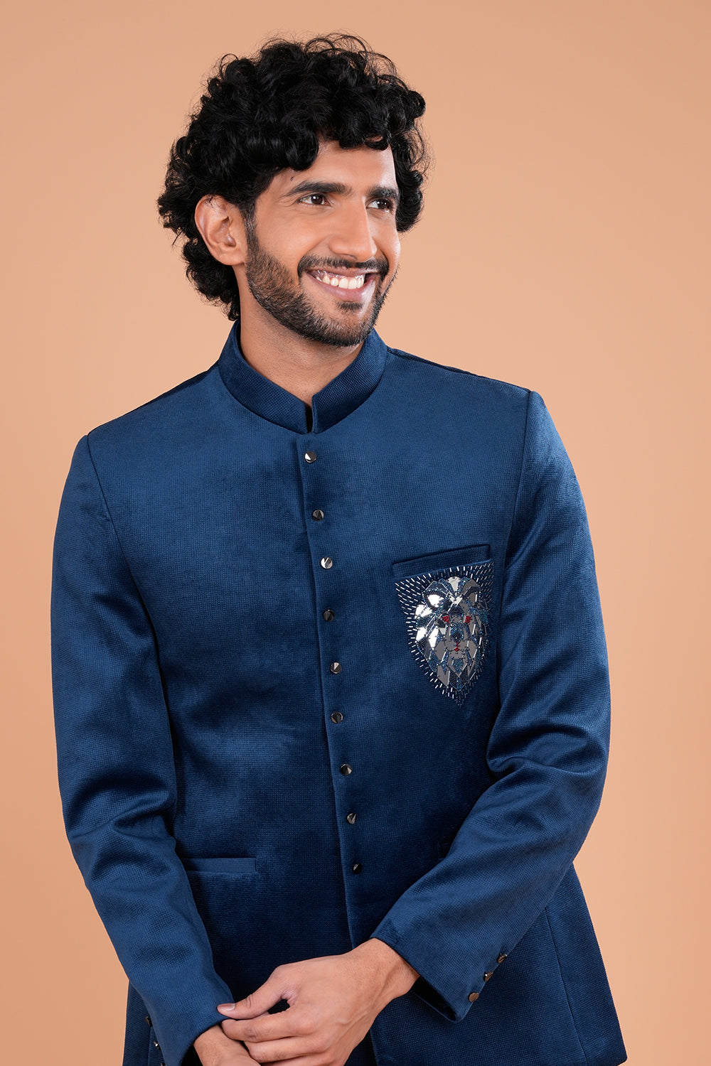 Teal Blue Suede short jodhpuri Set with Thread & Cut Dana Embellished Pocket