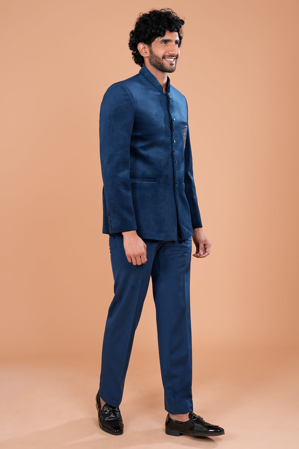 Teal Blue Suede short jodhpuri Set with Thread & Cut Dana Embellished Pocket