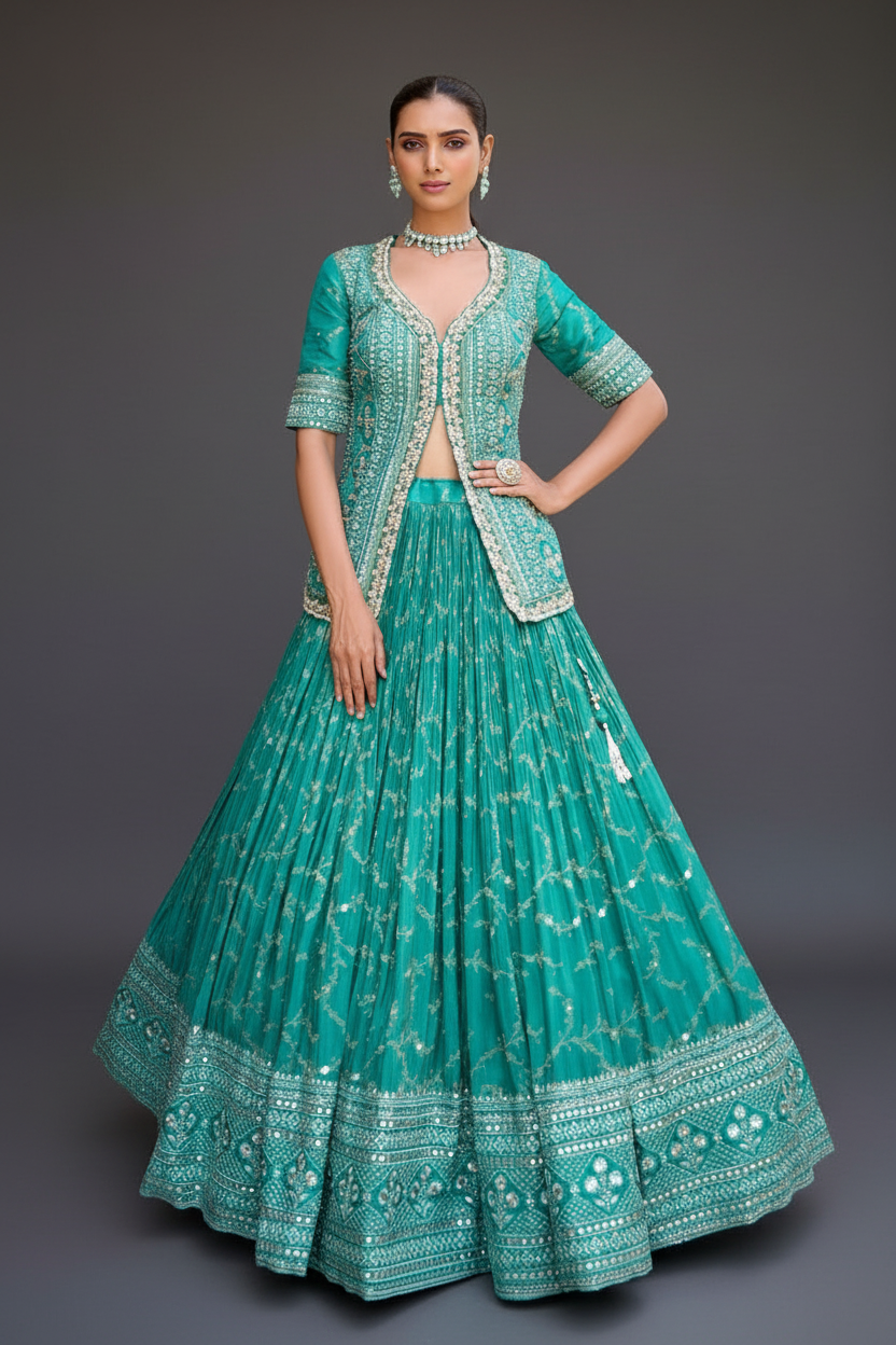 Teal Green Banarasi Silk Lehenga Set with Mirror and Cutdana Work