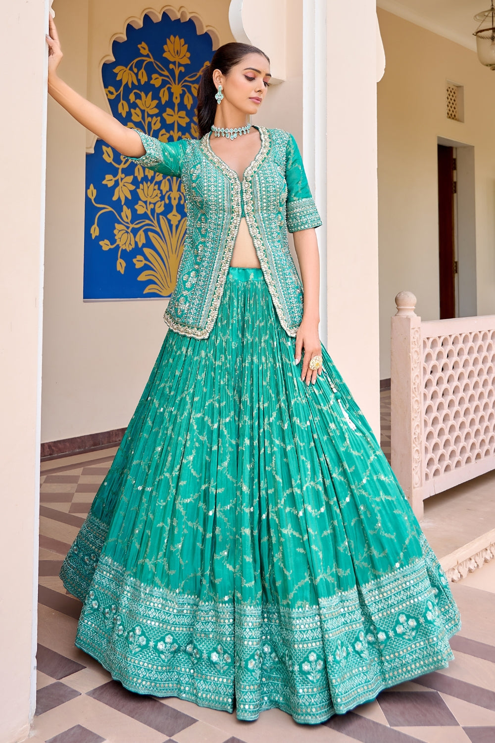 Teal Green Banarasi Silk Lehenga Set with Mirror and Cutdana Work