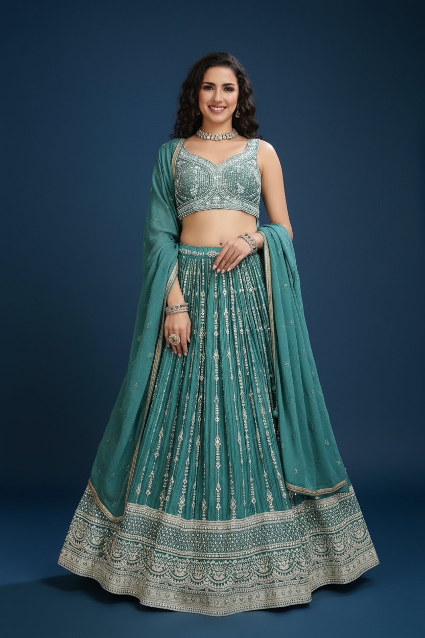 Teal Green Chinon Silk Lehenga Choli with Sequins and Gota Patti Work