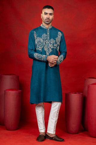 Teal Blue Silk Kurta Set With Cutdana And Embroidery