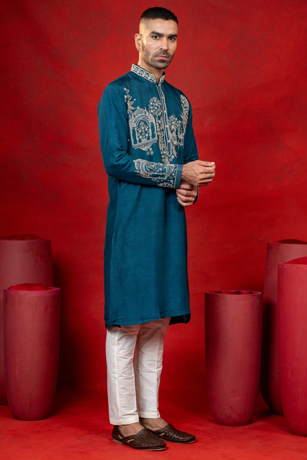 Teal Blue Silk Kurta Set with Cutdana and Embroidery
