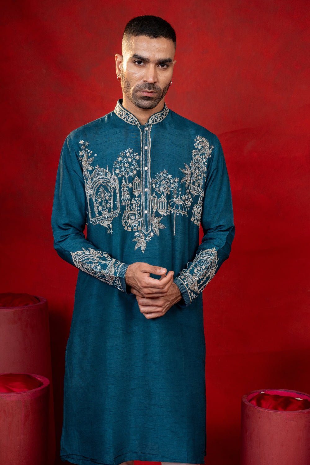 Teal Blue Silk Kurta Set with Cutdana and Embroidery