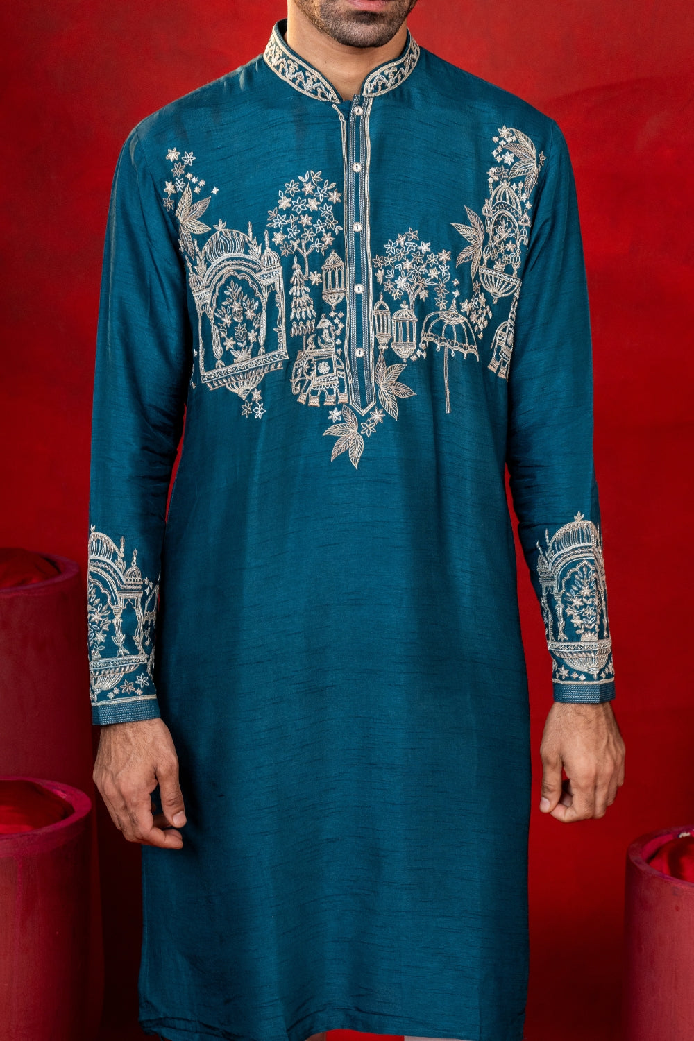 Teal Blue Silk Kurta Set with Cutdana and Embroidery