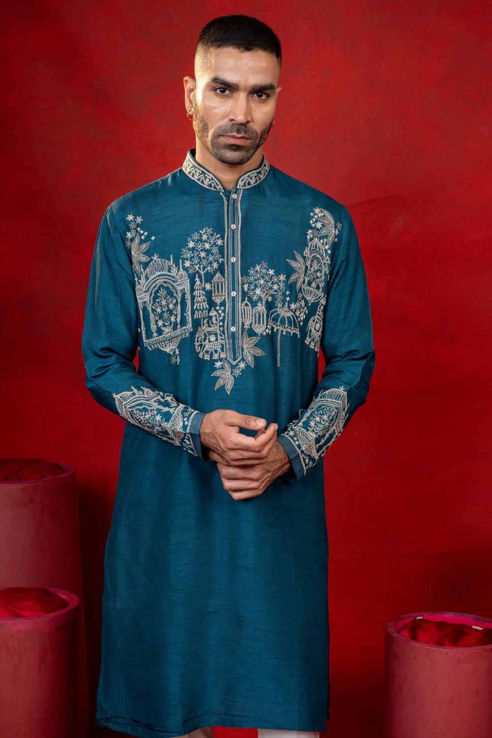 Teal Blue Silk Kurta Set with Cutdana and Embroidery