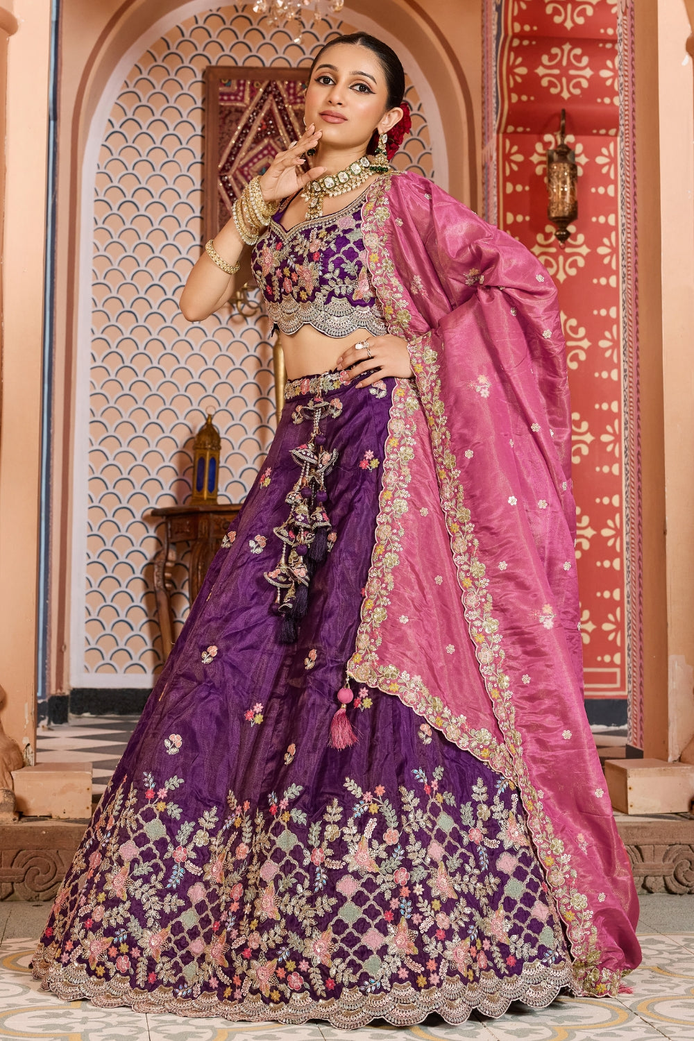 Tissue Lehenga Choli with Resham Embroidery and Stone Work