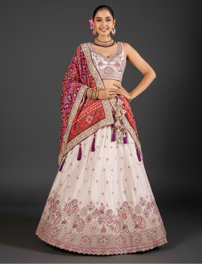 Beige Tissue Lehenga Set With Sequins and Resham Embroidery Work