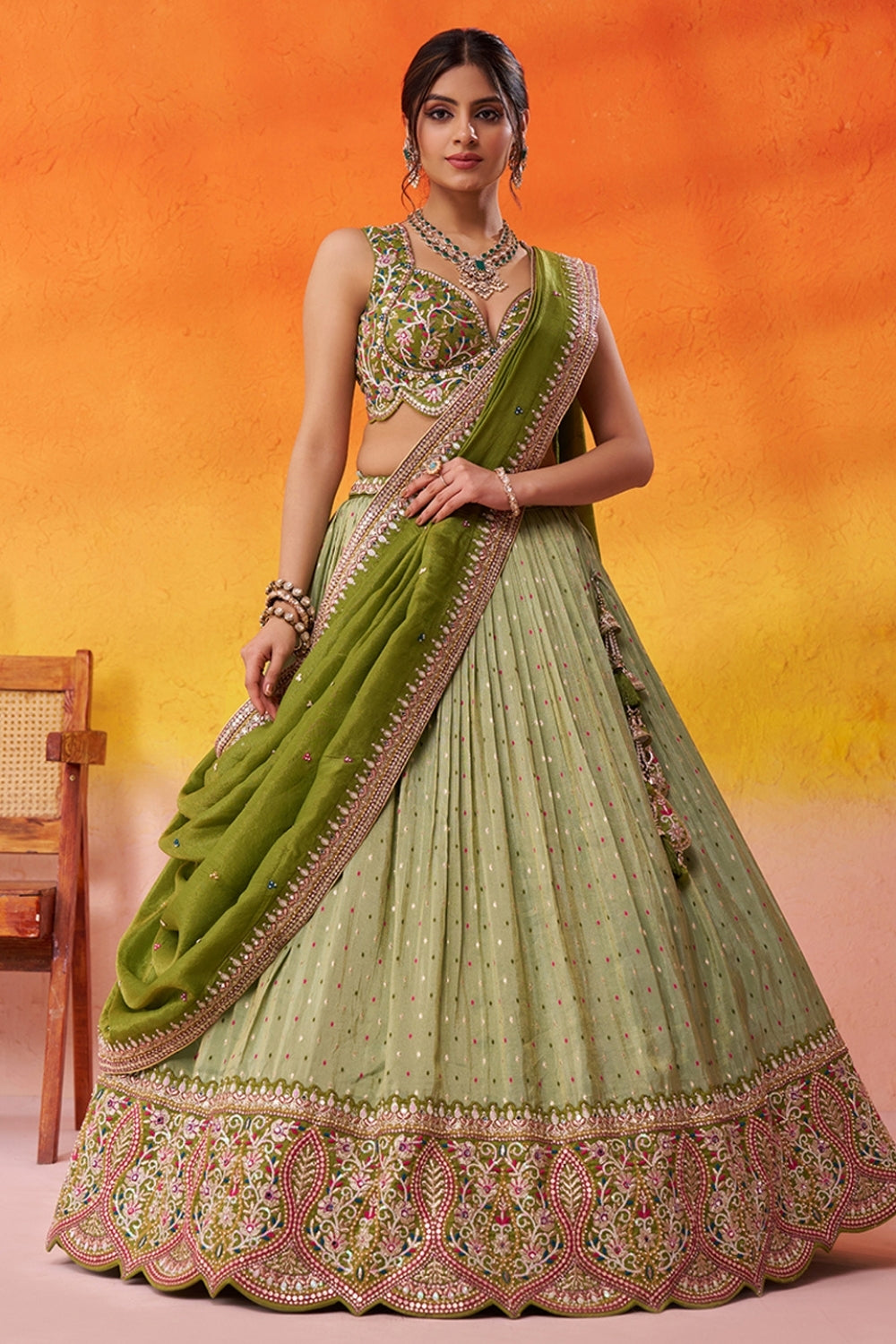 Tissue Lehenga Set with Embroidery and Mirror Work