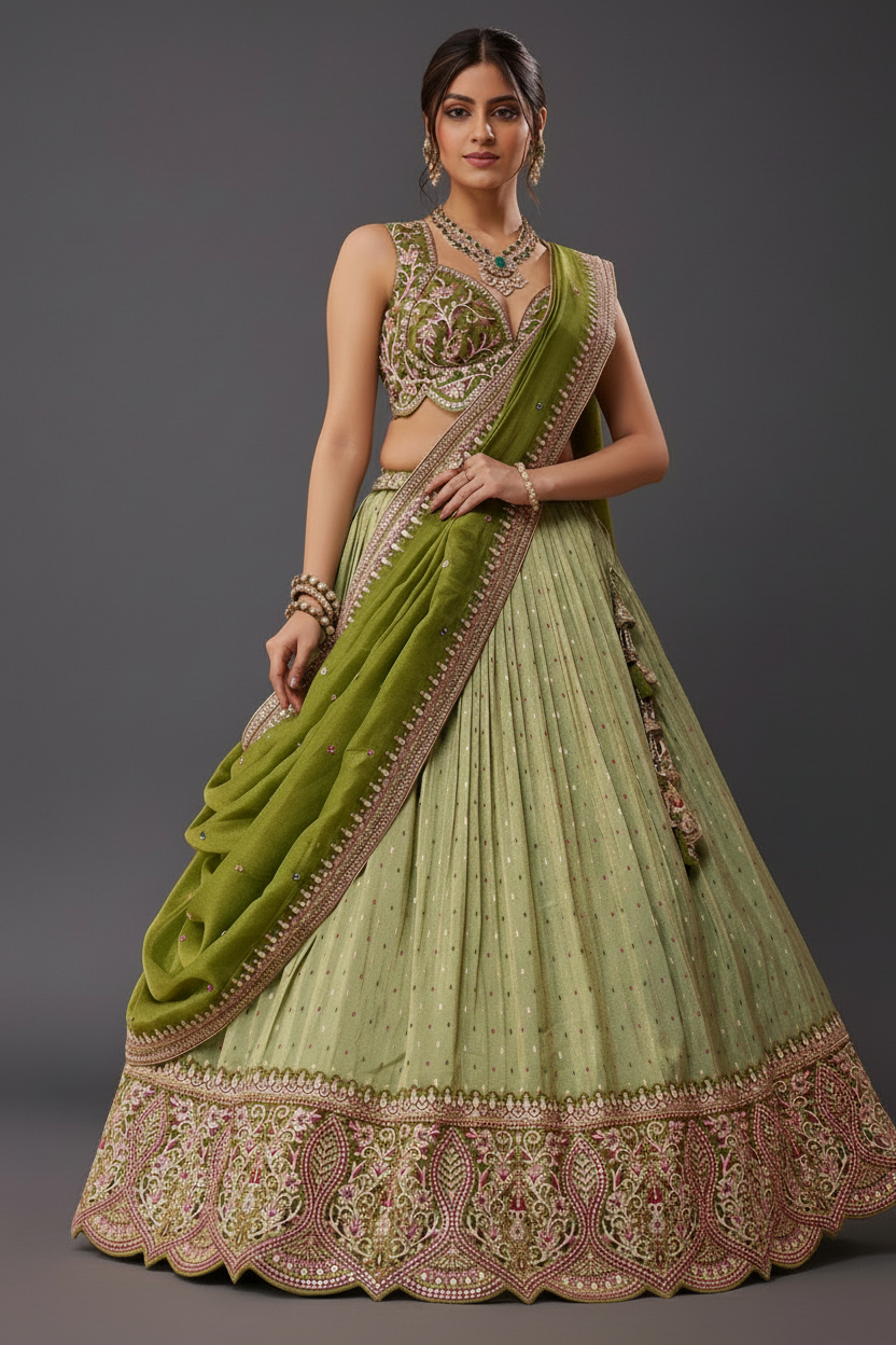 Tissue Lehenga Set with Embroidery and Mirror Work