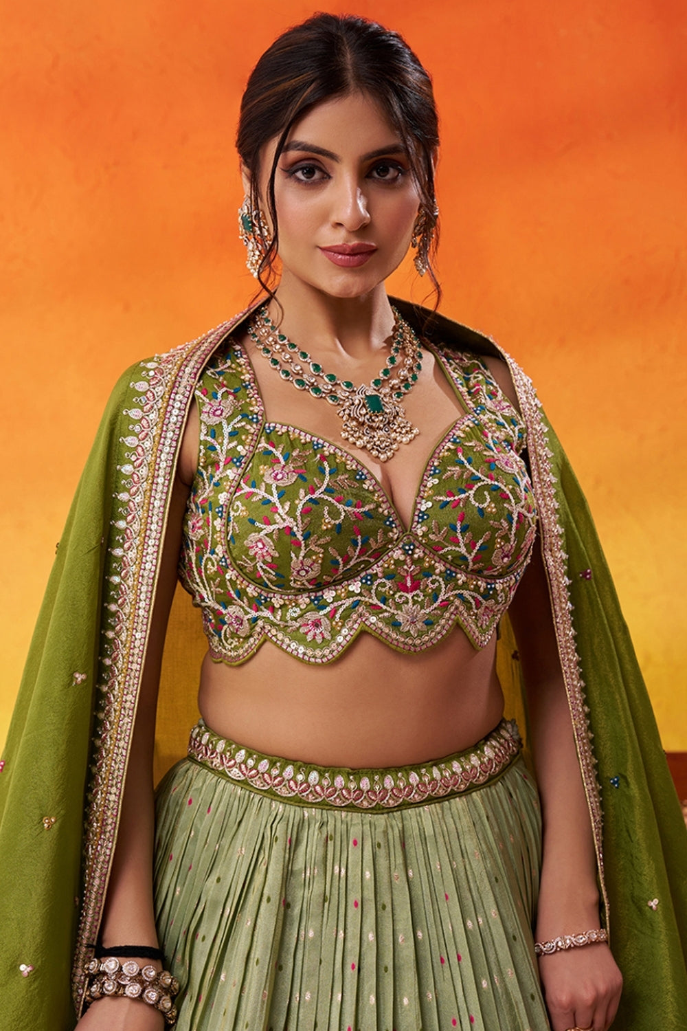 Tissue Lehenga Set with Embroidery and Mirror Work