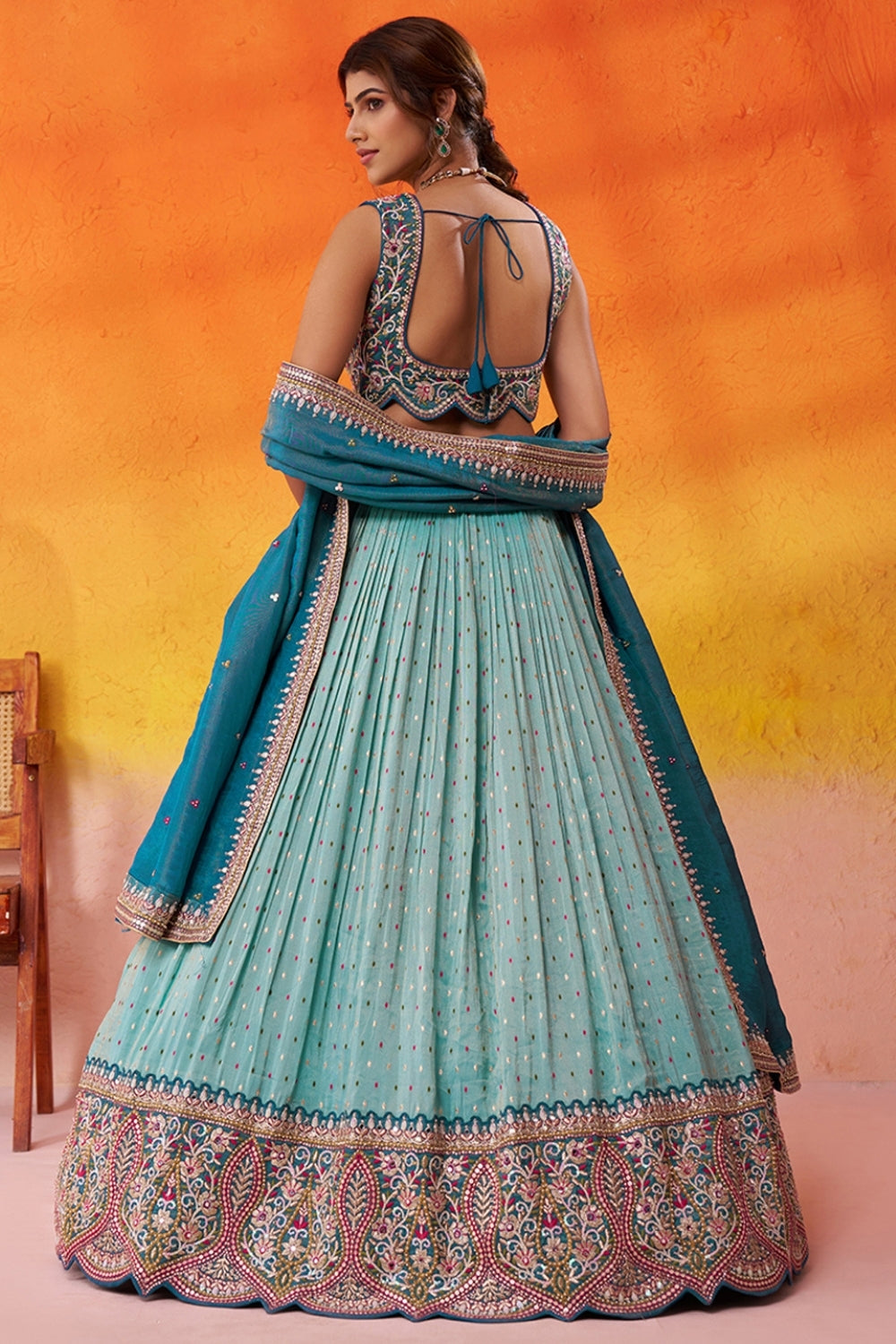 Tissue Lehenga Set with Embroidery and Mirror Work
