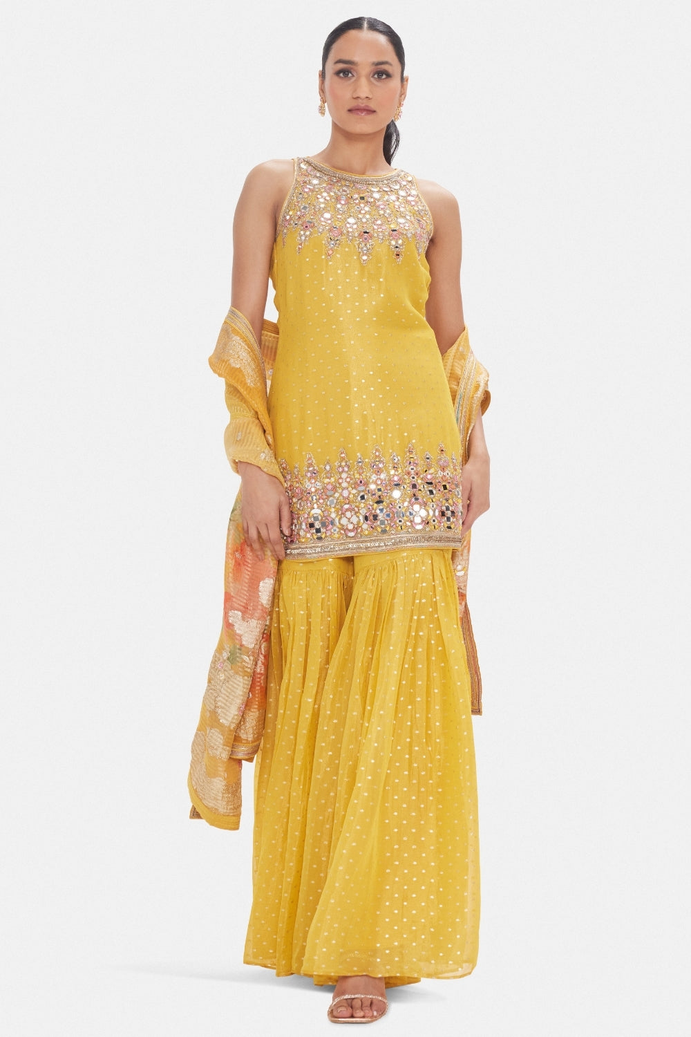 Tissue Sharara Set with Moti and Mirror Work