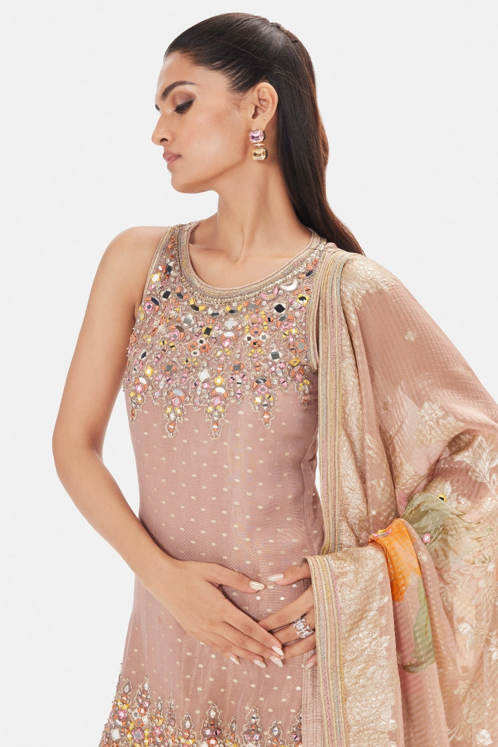 Tissue Sharara Set with Moti and Mirror Work