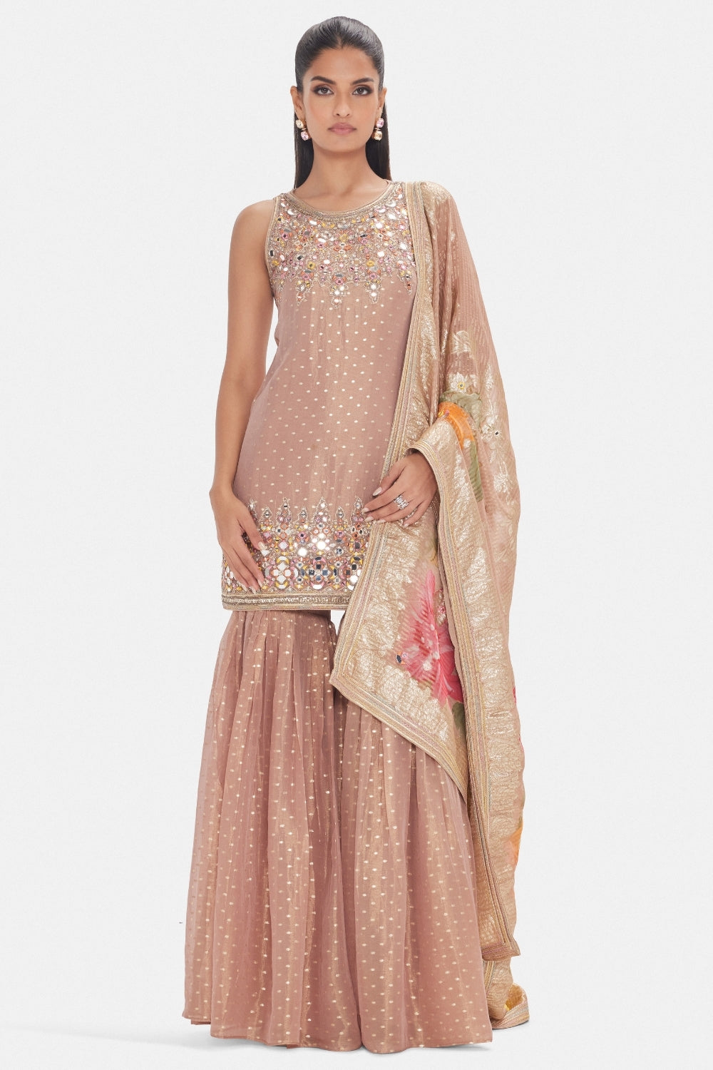 Tissue Sharara Set with Moti and Mirror Work