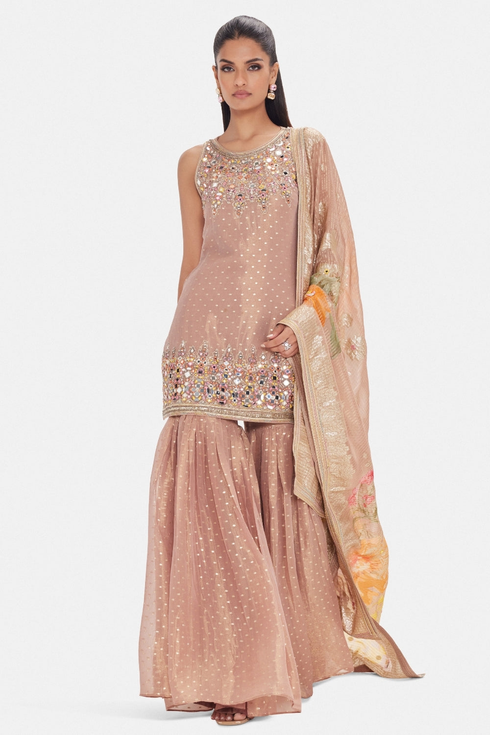 Tissue Sharara Set with Moti and Mirror Work