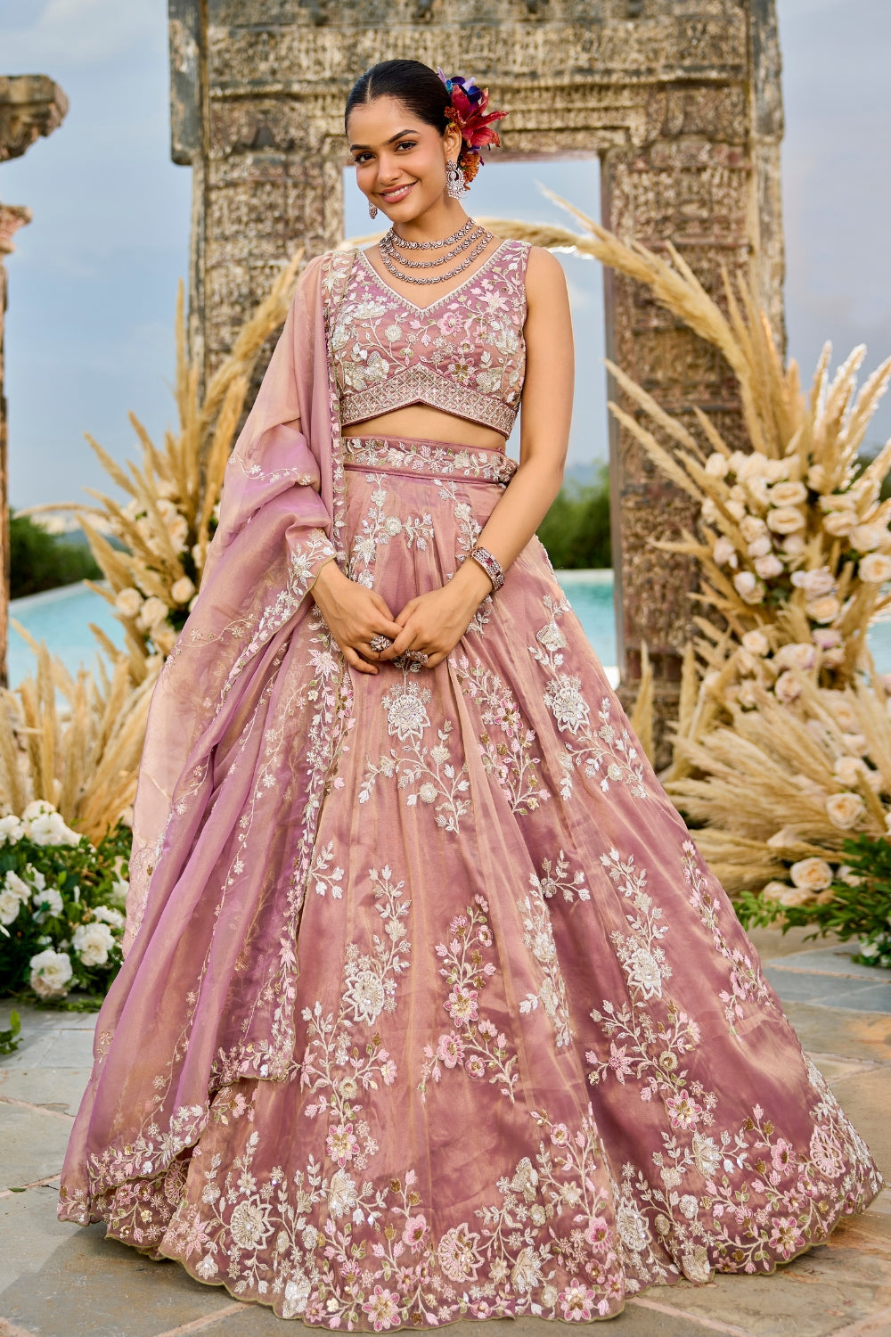 Tissue lehenga Choli with Cutdana and Moti Work