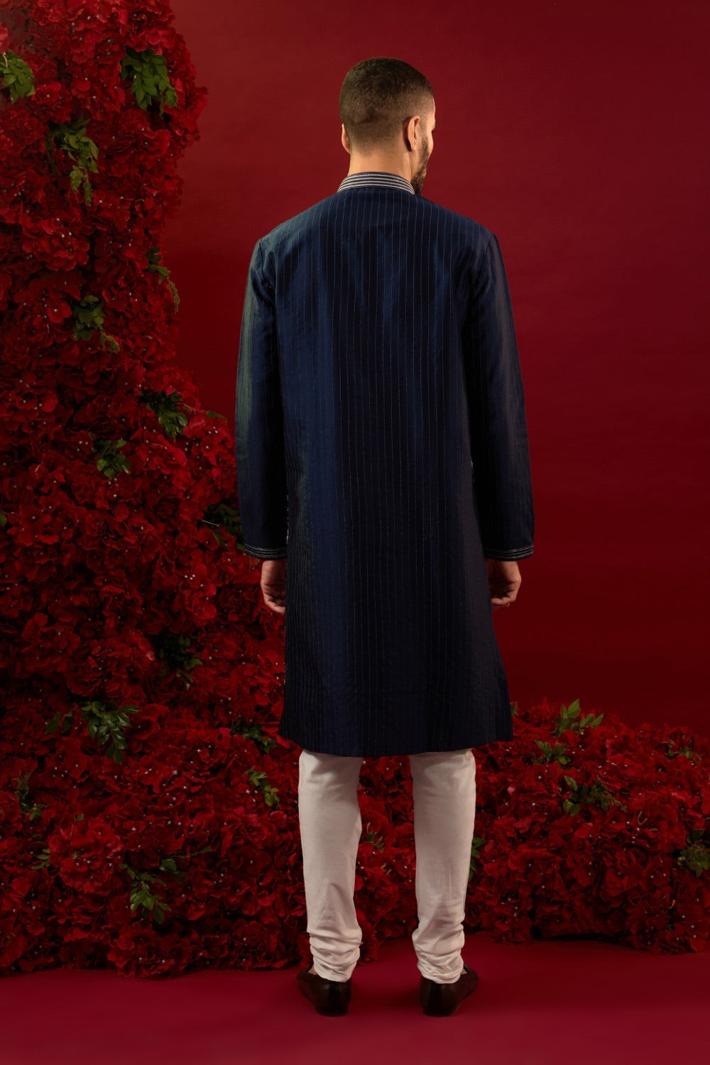 Navy blue silk kurta  pajama with  machine work