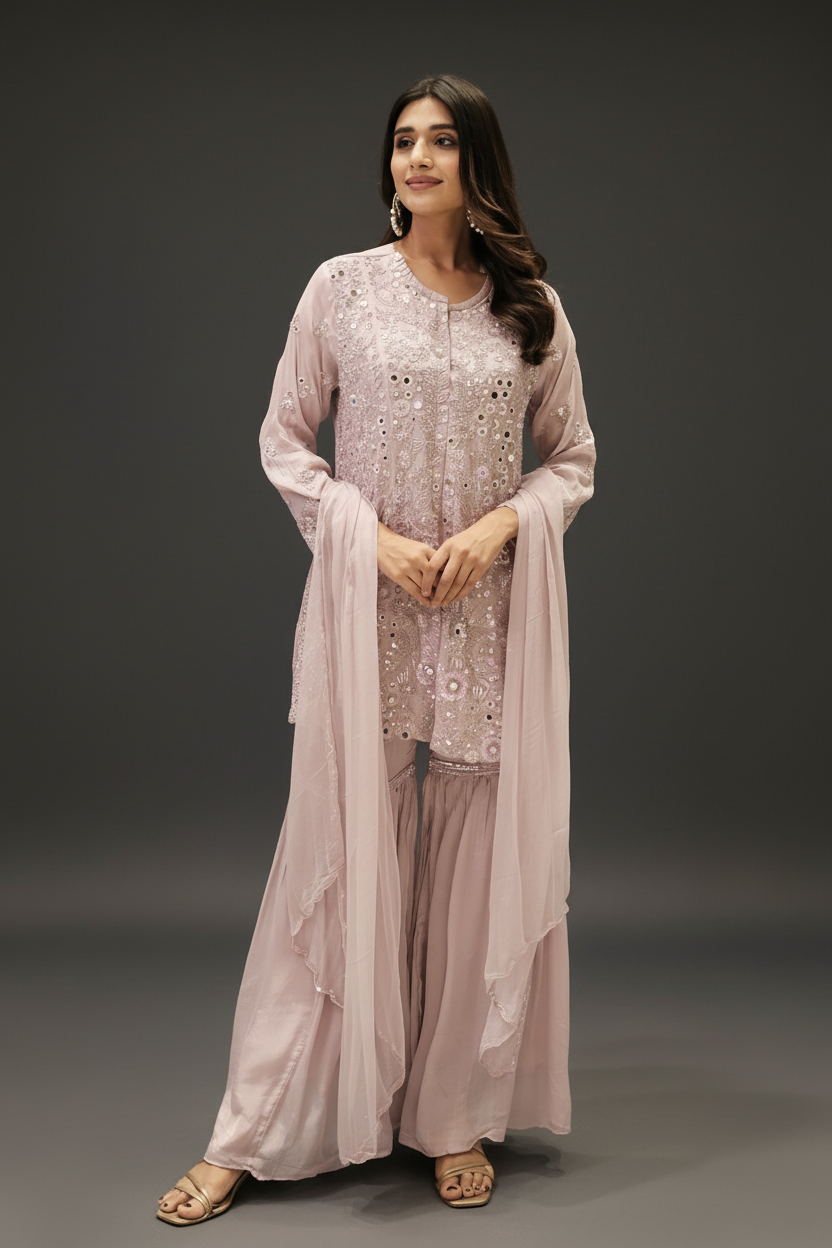 Blush pink siffon georgette salwar suit with mirror and sequins work