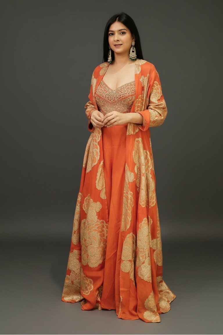 Orange banarasi silk Indo-Western with zardozi and pearl work