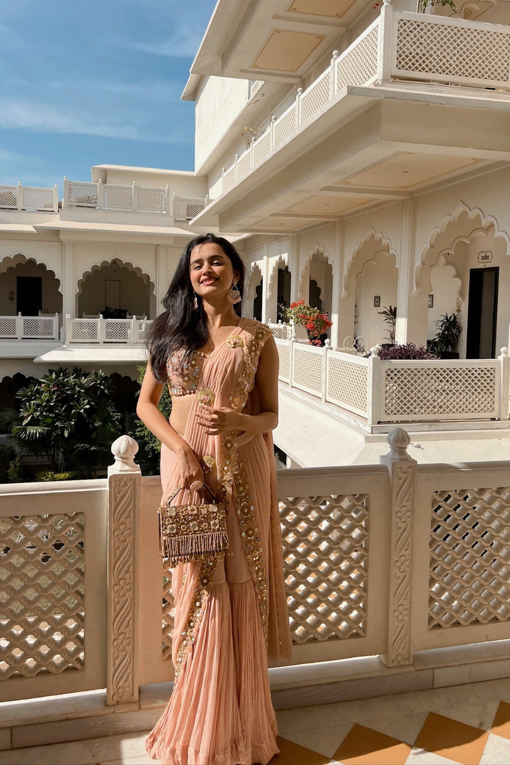 Baby pink pre-draped sharara sari set