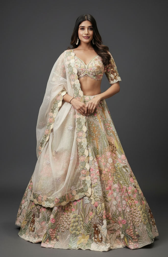 Multicolour organza lehenga choli with sequins and pearl work
