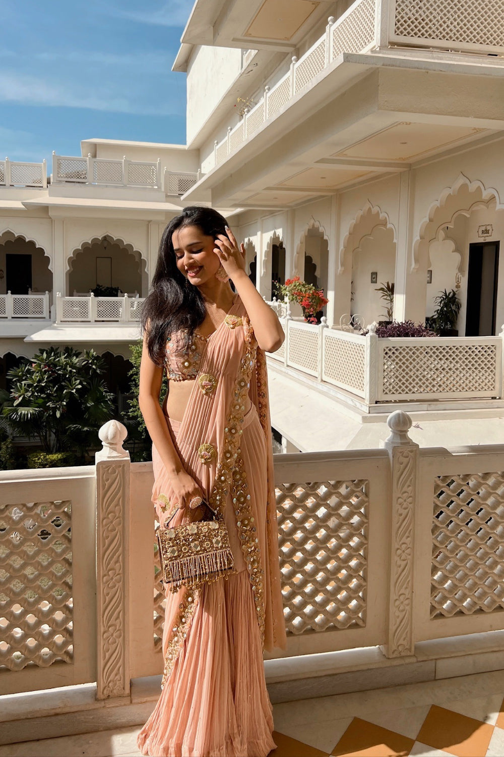 Baby pink pre-draped sharara sari set