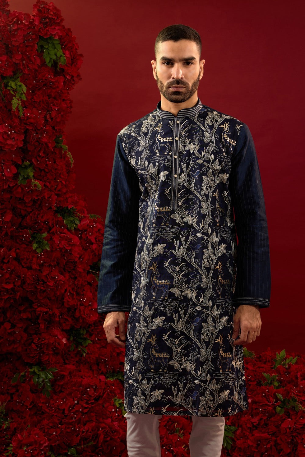 Navy blue silk kurta  pajama with  machine work