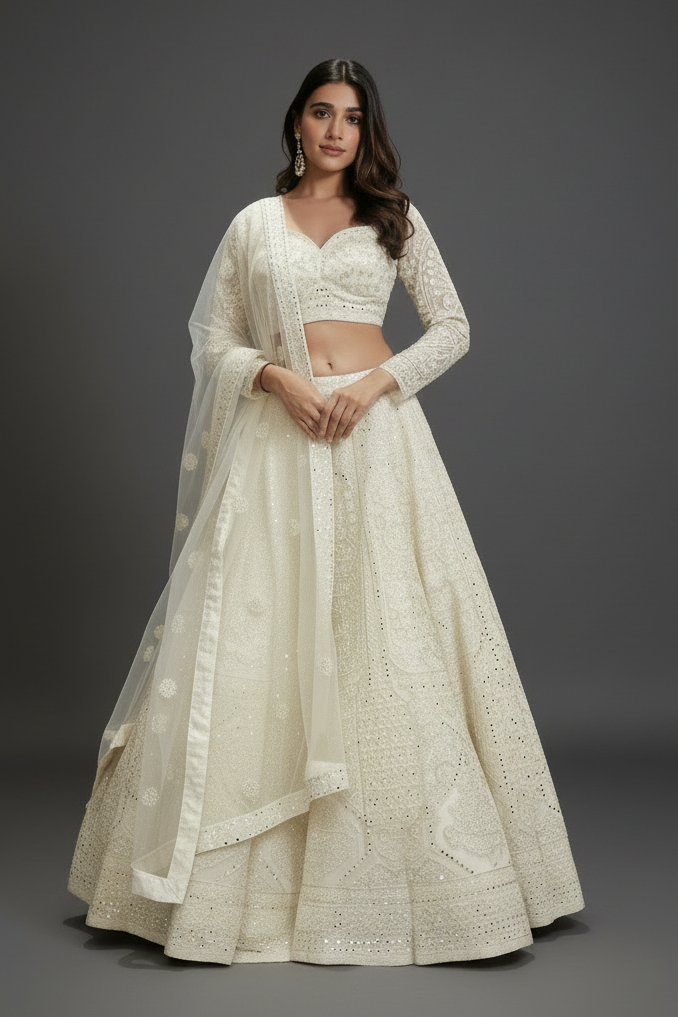 Off-white net lehenga choli with pearl and sequins work