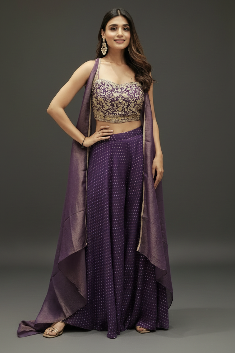 Purple georgette Indo-Western with pitta and sequins work