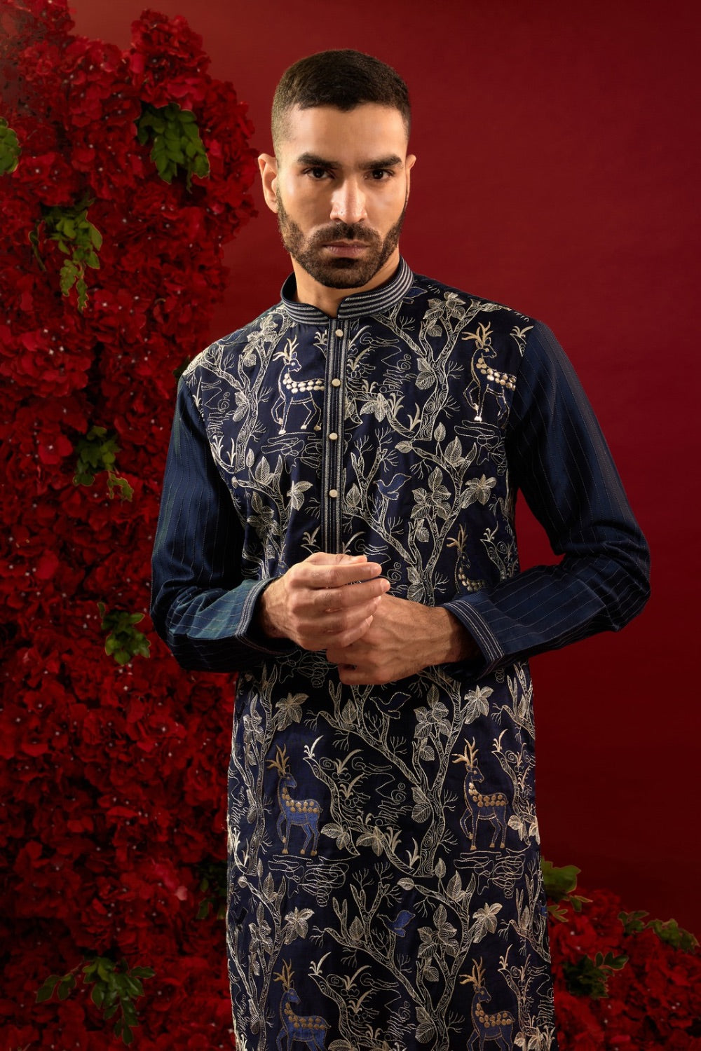 Navy blue silk kurta  pajama with  machine work