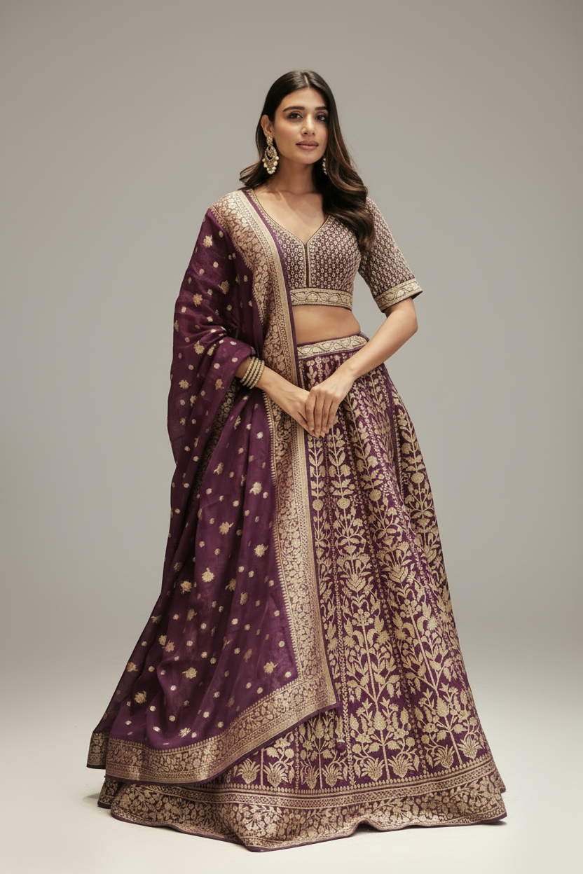 Purple banarasi silk lehenga choli with marori work