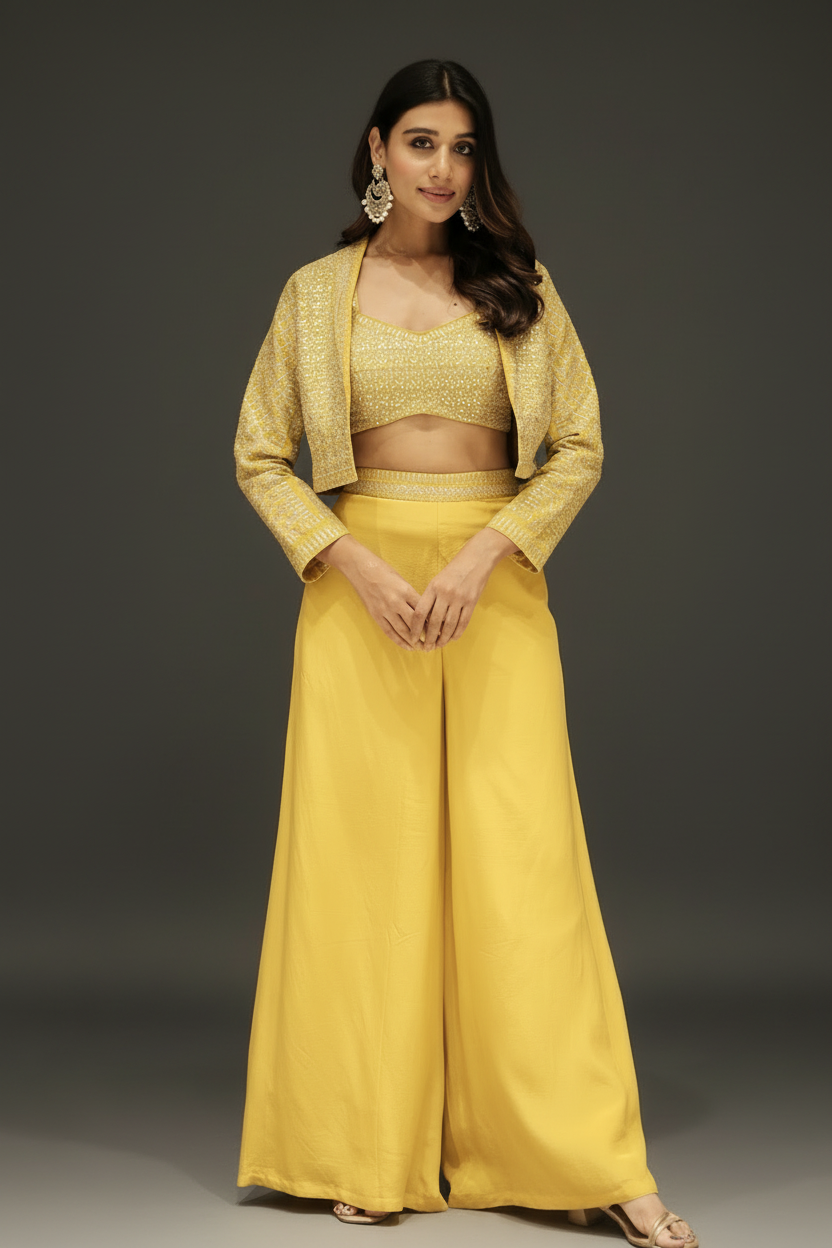 Yellow silk Indo-Western with pearl and dori work