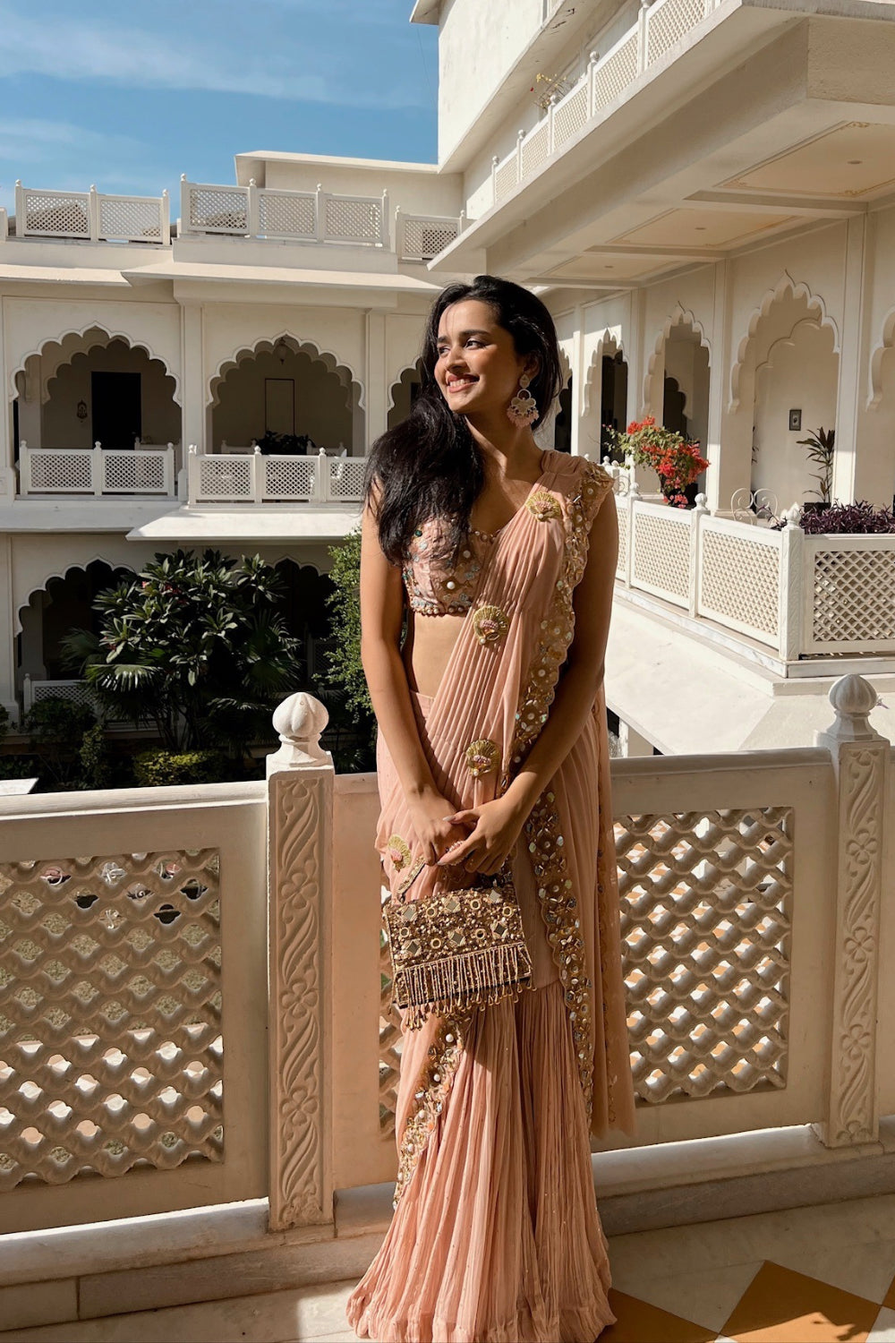 Baby pink pre-draped sharara sari set