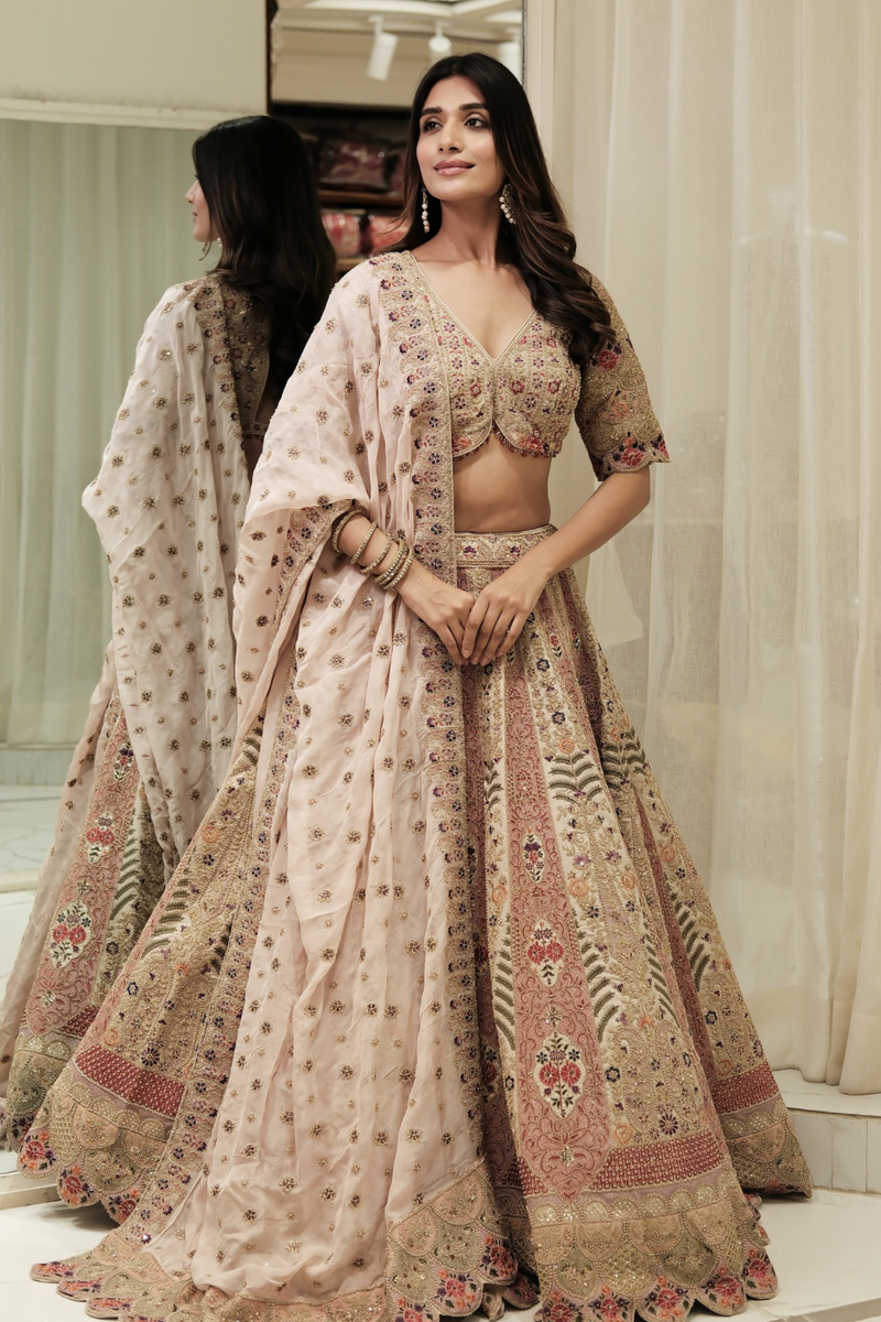 White Net Lehenga Choli With Blouse & Dupatta For Indian & Pakistani Wedding Festival - Dori With Thread & Sequence Embroidery Work