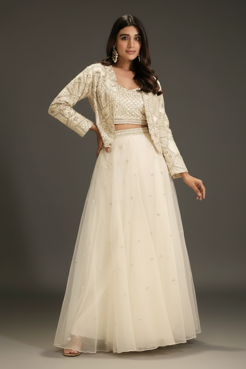 Off-White Indo-Western with hand cut dana and sequins work