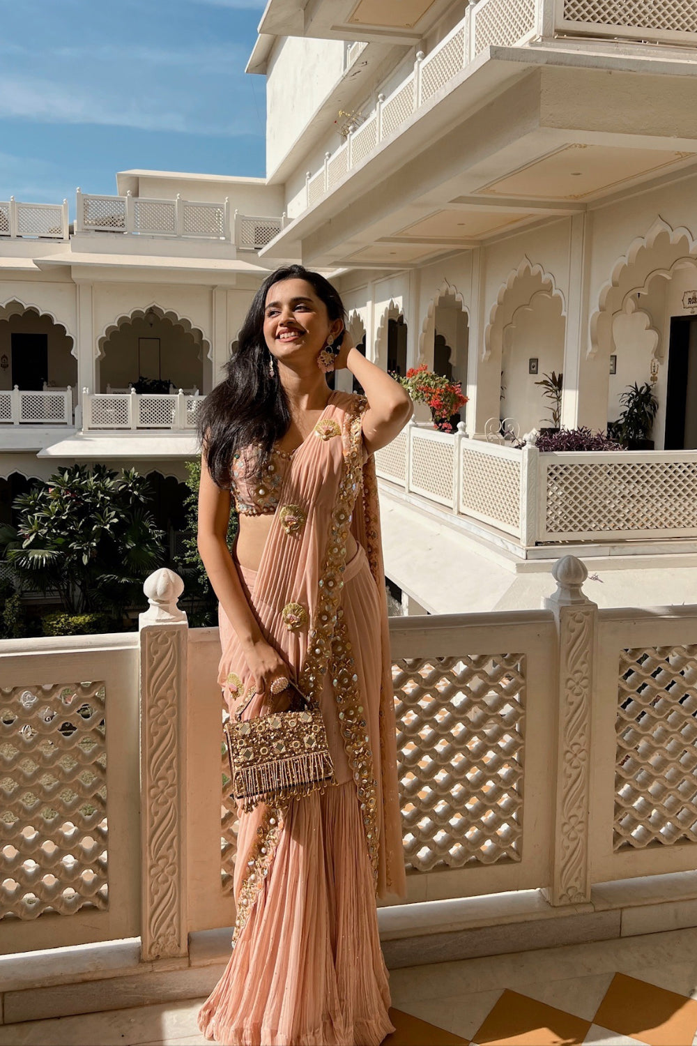 Baby pink pre-draped sharara sari set