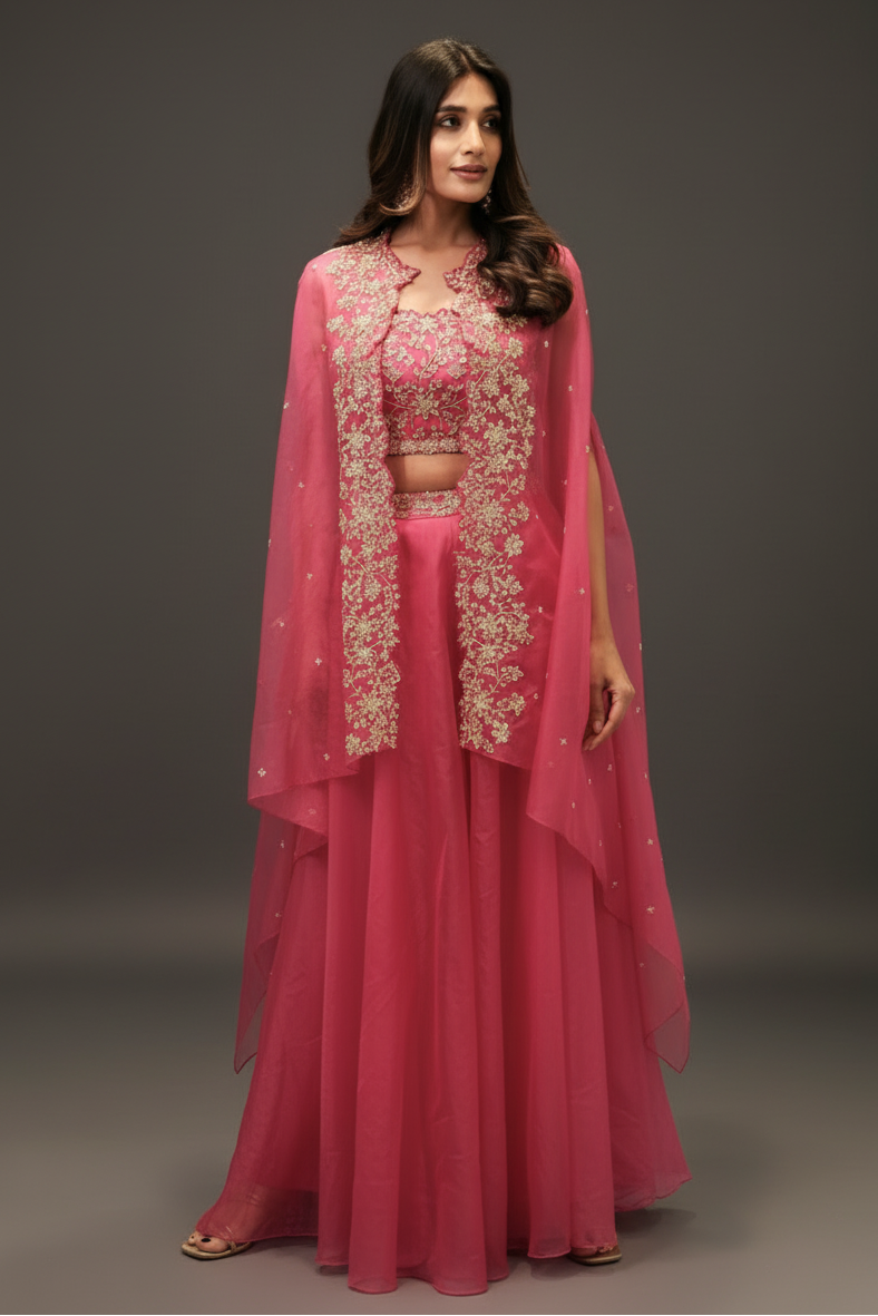 Fuchsia pink organza Indo-Western with aari and hand cut dana work