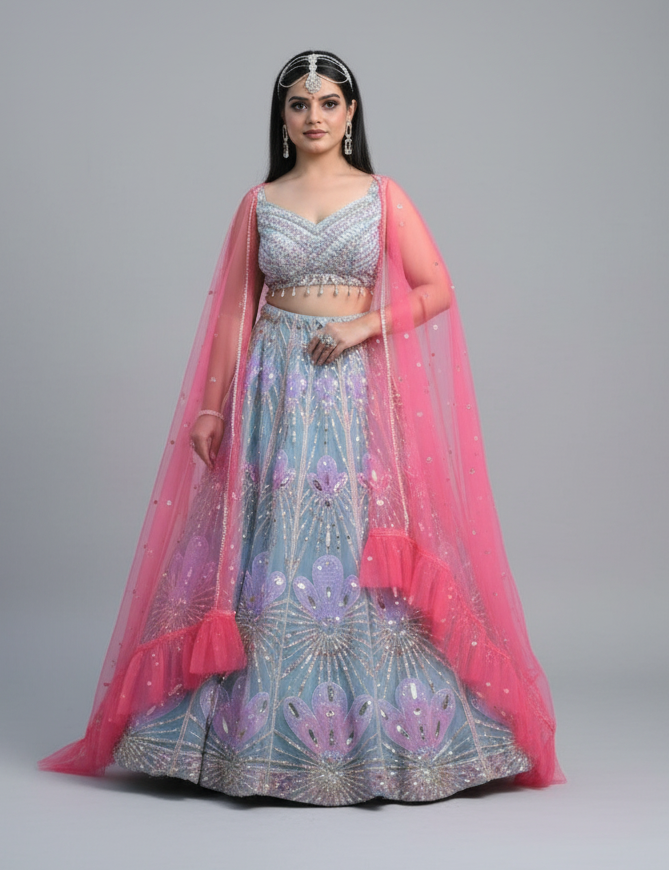 Powder blue net lehenga choli with hand cut dana and mirror work